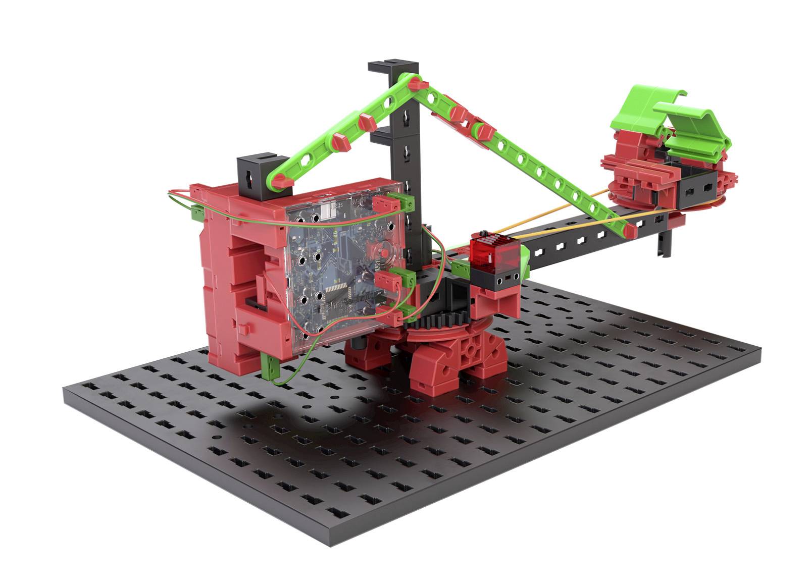 Model van een mechanische graafmachine in rood, groen en zwart op een geperforeerde basisplaat.