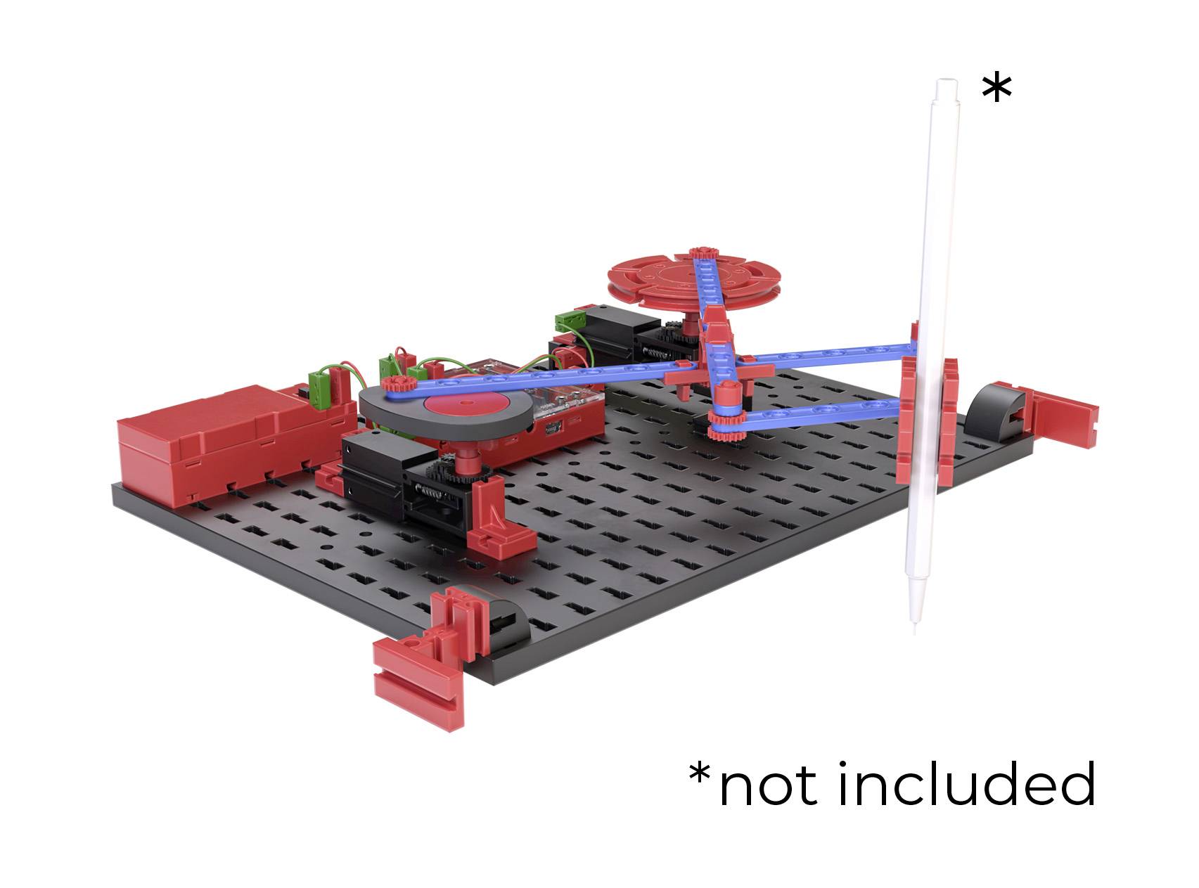 Een constructiespeelgoed met tandwielenmechanisme op een zwarte plaat. Een pijl wijst naar een witte pin die niet is inbegrepen.