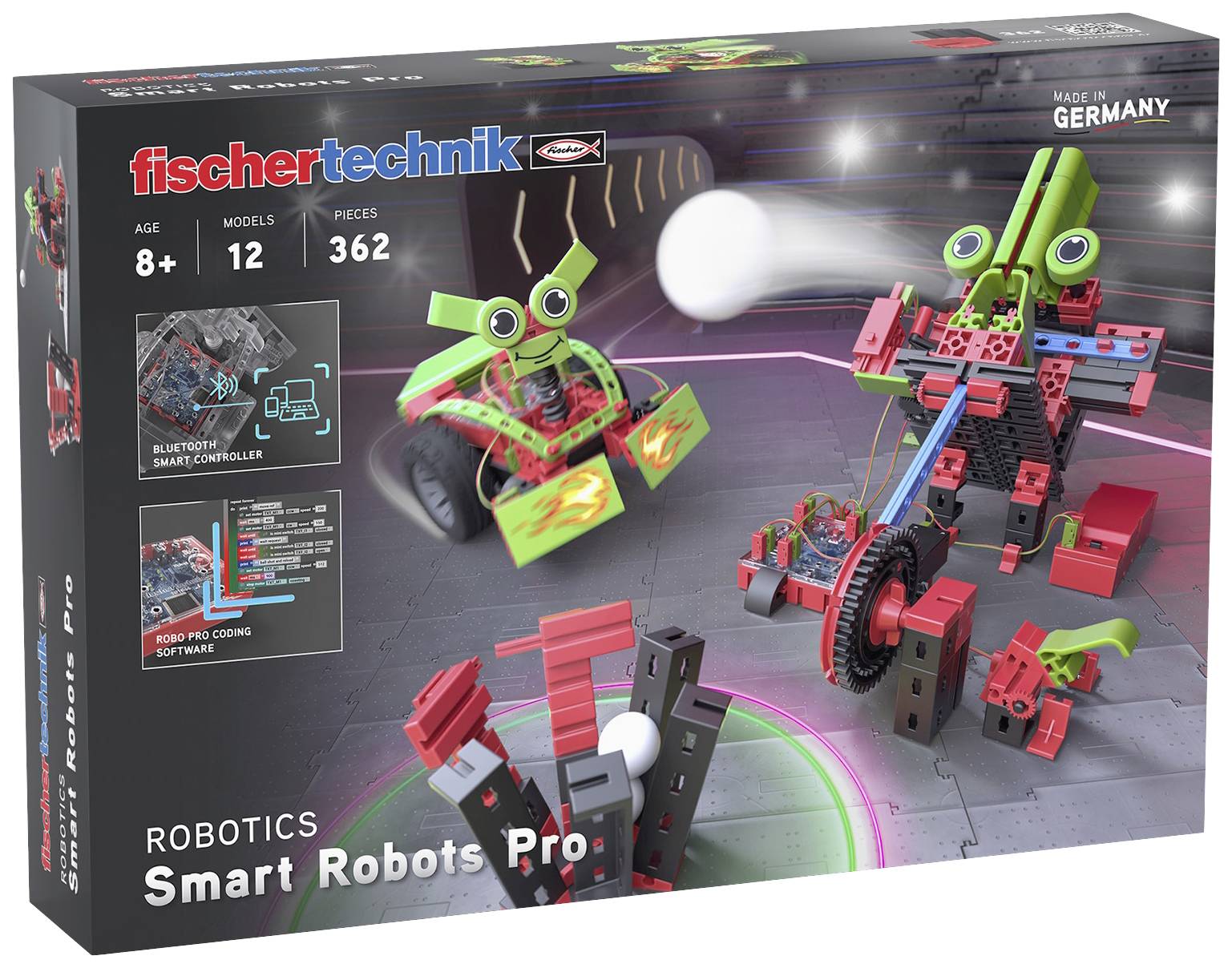 Een speelgoeddoos toont twee gekleurde robots gemaakt van bouwstenen, geschikt voor kinderen vanaf 8 jaar, met 12 modellen en 362 onderdelen.