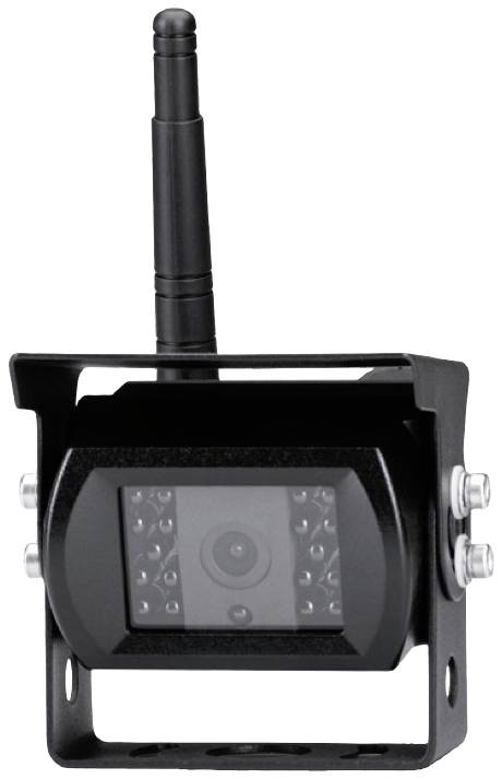 Een zwarte achteruitrijcamera met antenne, gemonteerd in een houderframe. Wordt gebruikt voor aansluiting op een display in de auto.