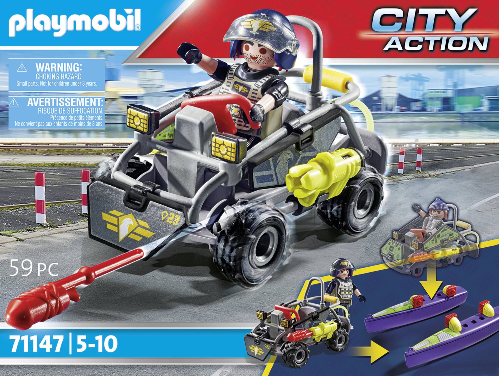 'Playmobil City Action'-set toont een kind in een reddingsvoertuig, geschikt voor 5-10 jaar. Veiligheidswaarschuwingen zijn aanwezig.