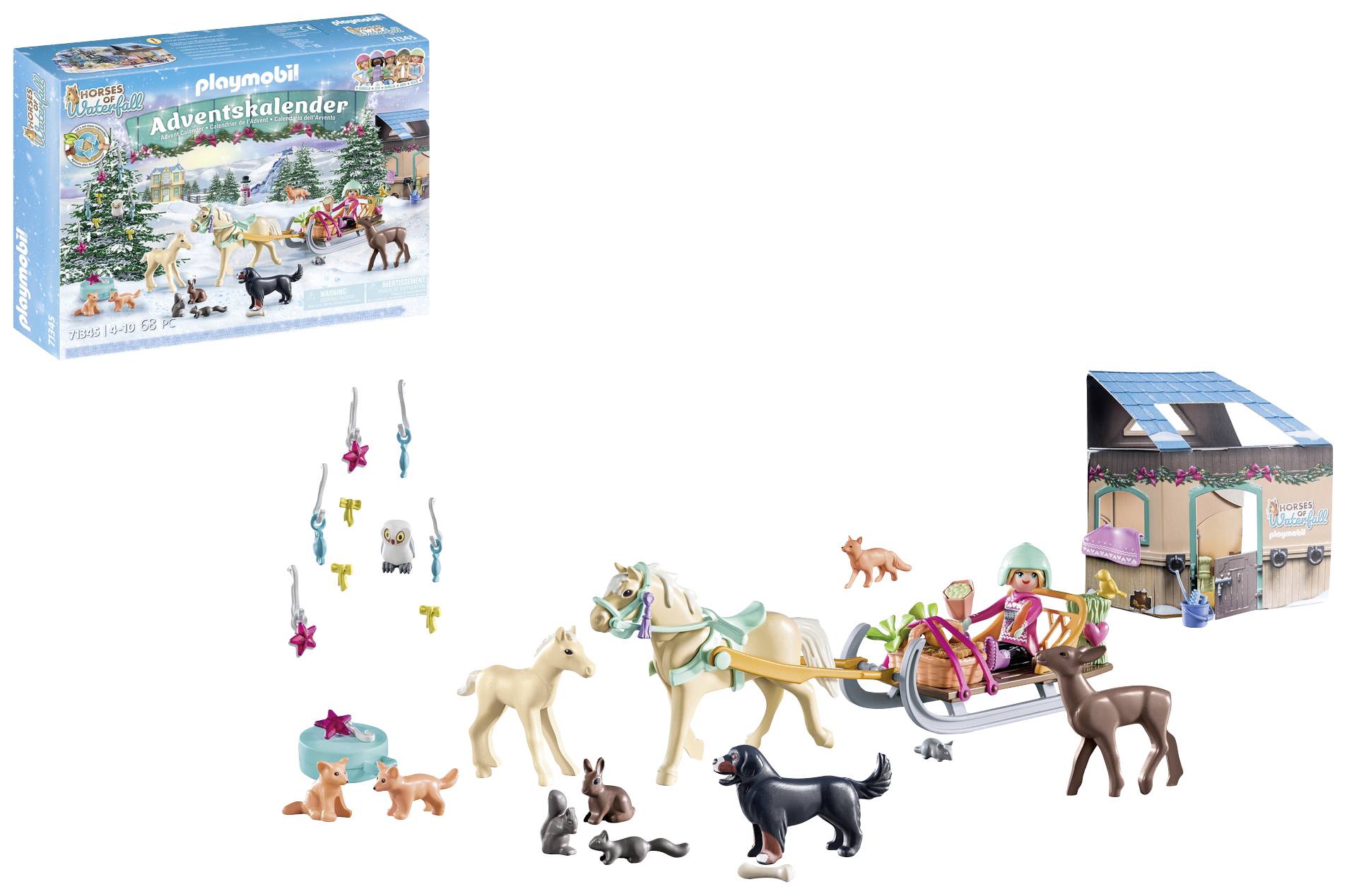 Playmobil Adventskalender 'Kerstavontuur met Paardensledevaart', bevat figuren, dieren en toebehoren, kerstachtige achtergrond.