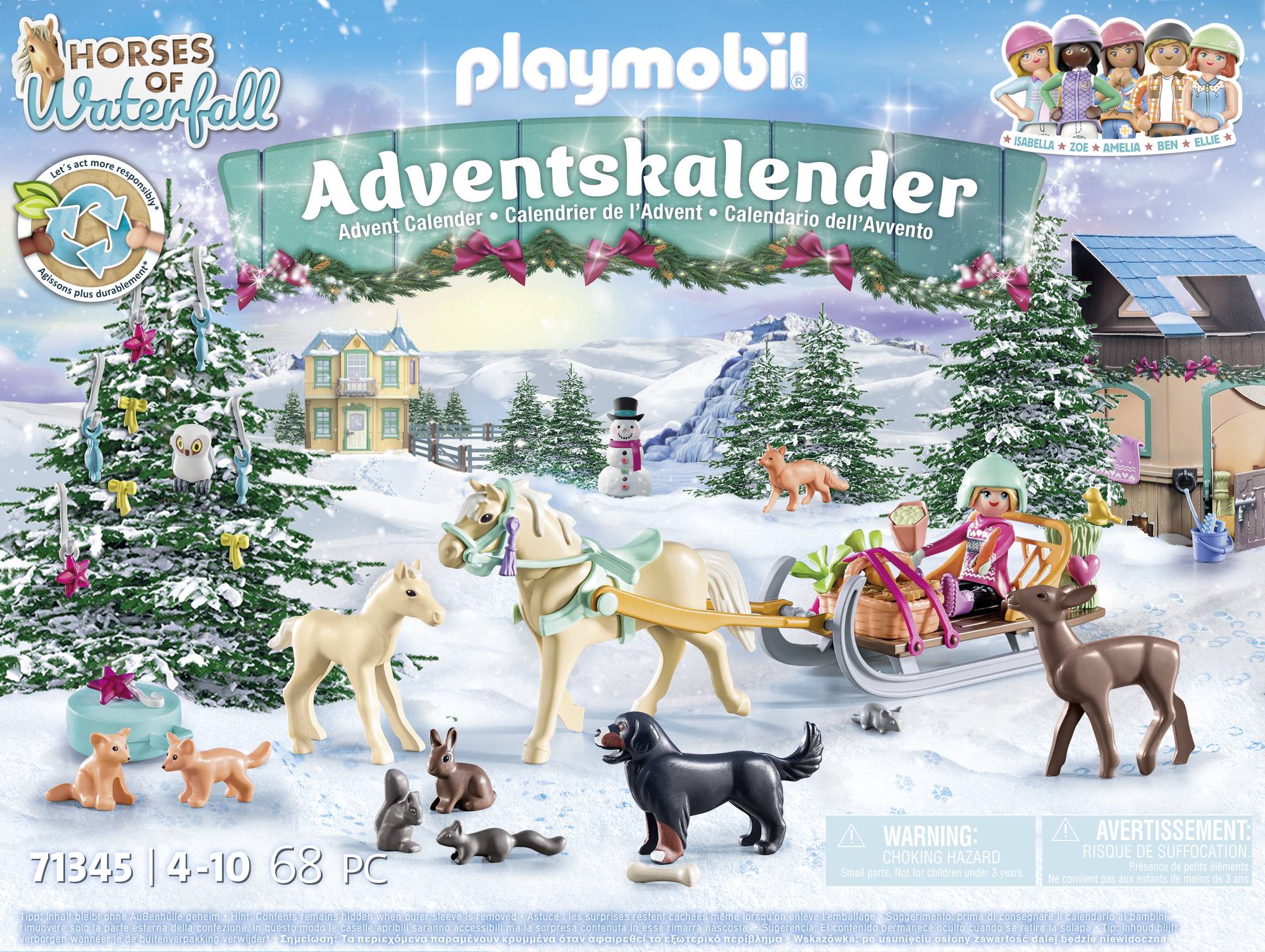 'Playmobil Adventskalender: Winterlandschap met paarden en dieren in de sneeuw. Kinderen op een slee, feesthuisje op de achtergrond.'