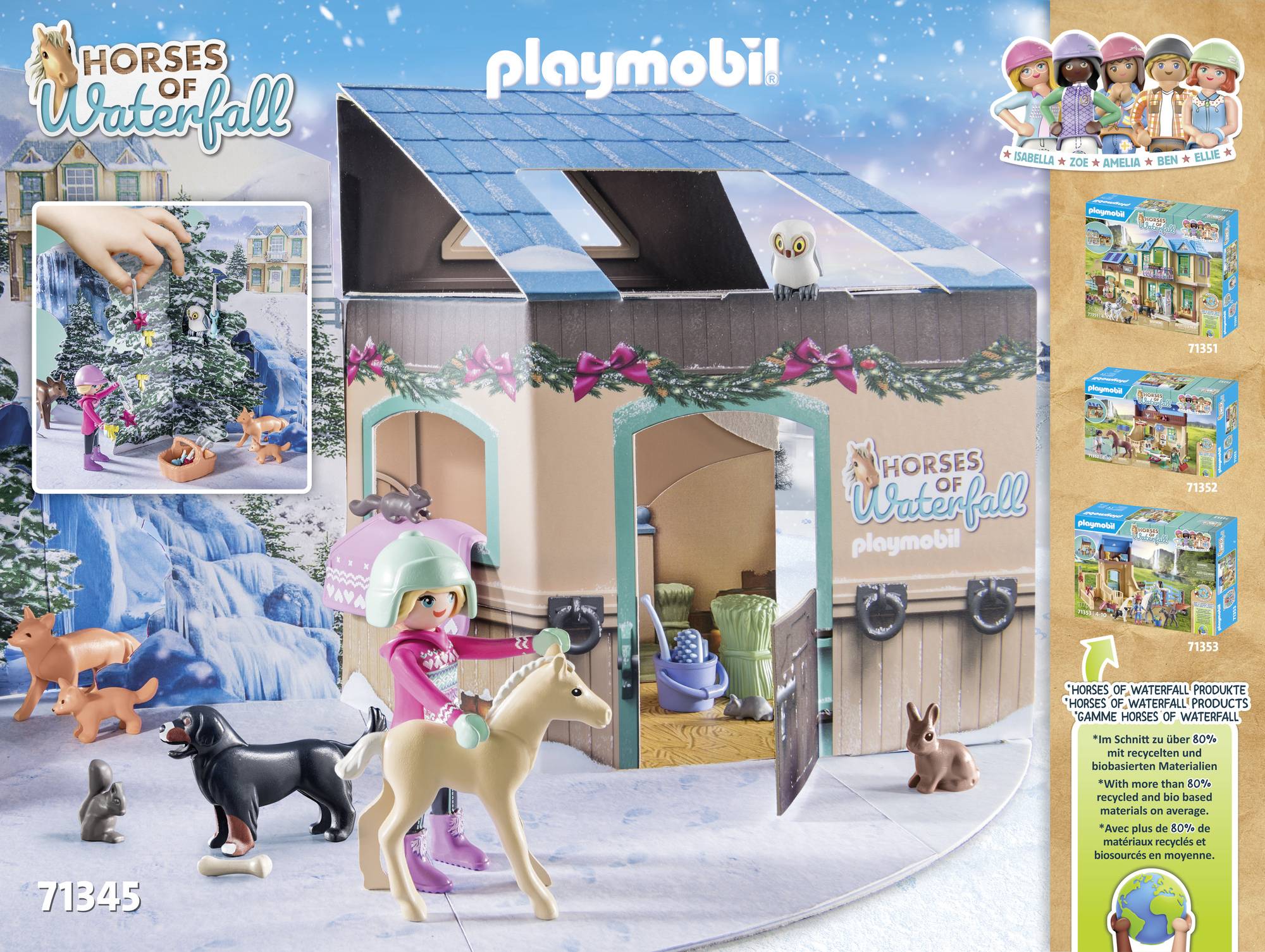 Playmobil paardenstal-set met figuren en dieren in een winterlandschap. Bevat productinformatie en speelscène.