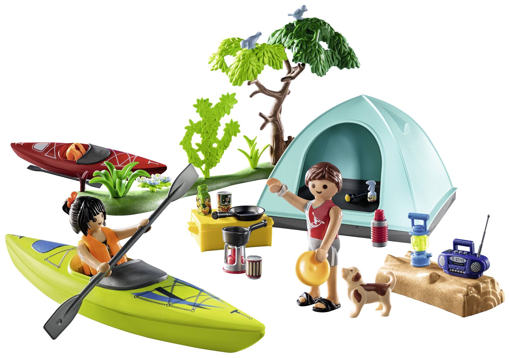 Twee figuren kamperen met tent, grill en kano's in een kleurrijke natuurscène. Een hond en kampeeruitrusting zijn ook zichtbaar.