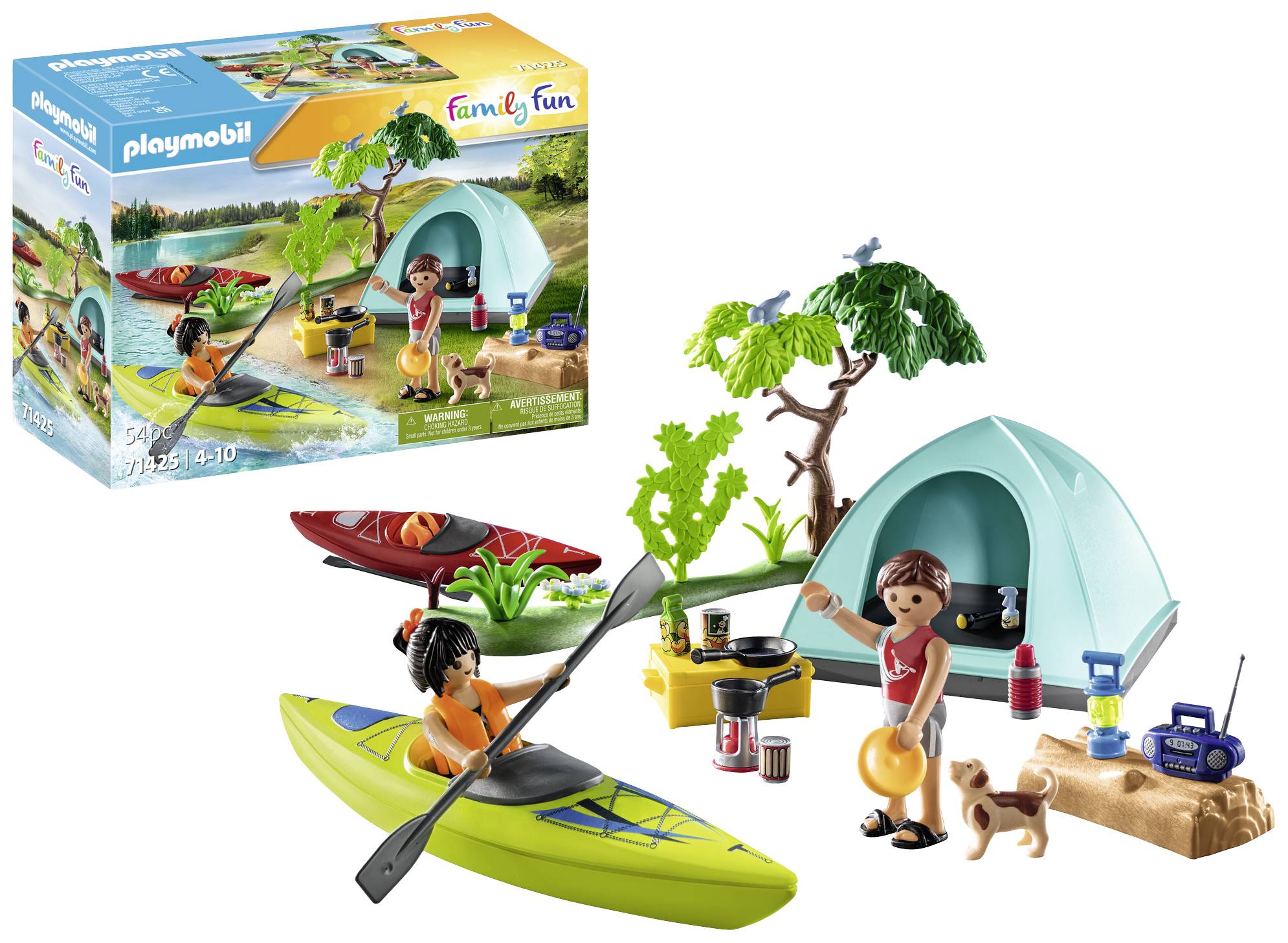 Personen bij het kamperen: Twee speelfiguren met tent, kajak, hond, boom en kampvuur. Vrijetijdsactiviteiten in de natuur weergegeven.