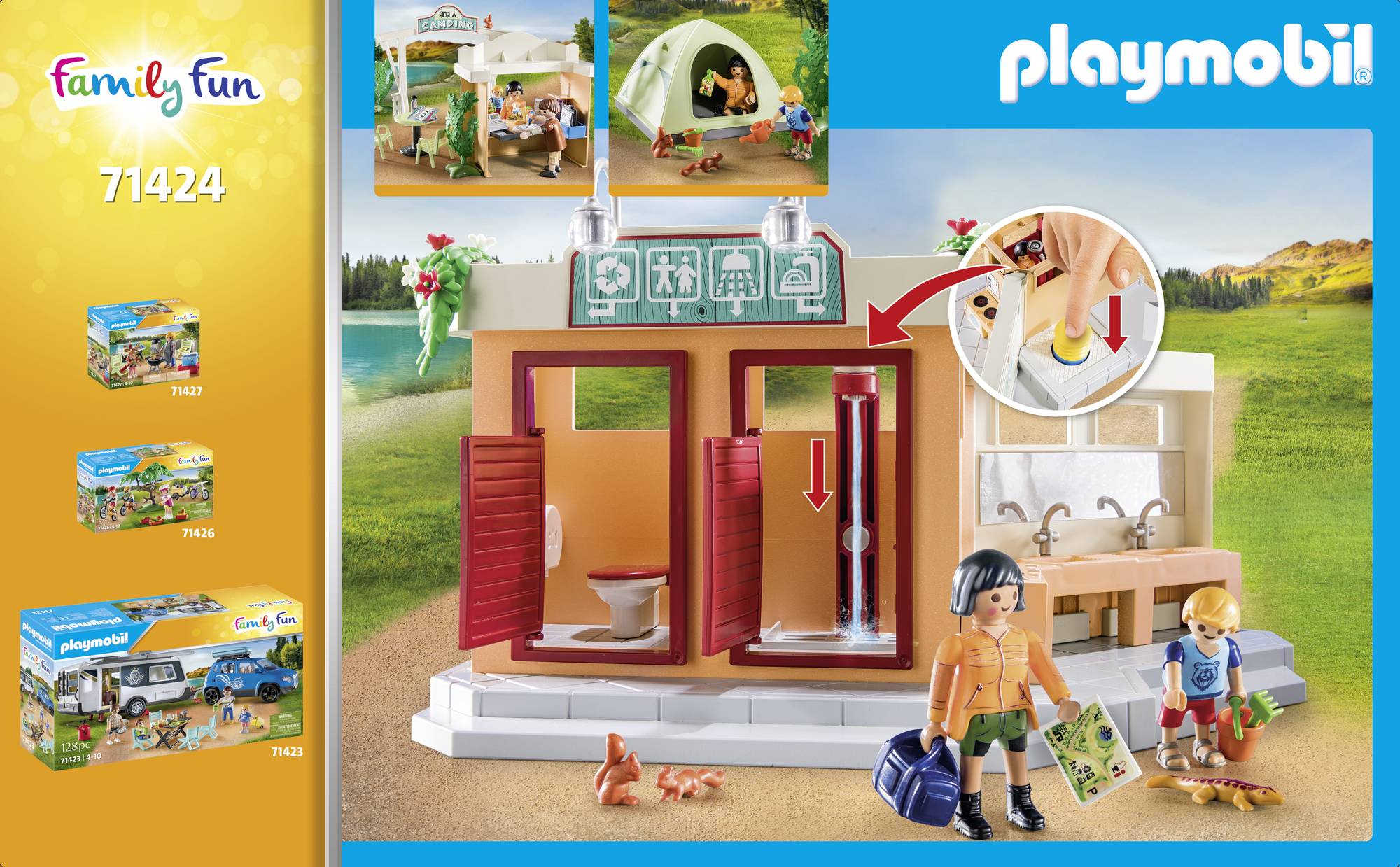 'Playmobil 71424 Camping-set: Twee kinderen met een kaart voor een sanitairgebouw, met afneembaar dak en een kampeer-douchescène.'