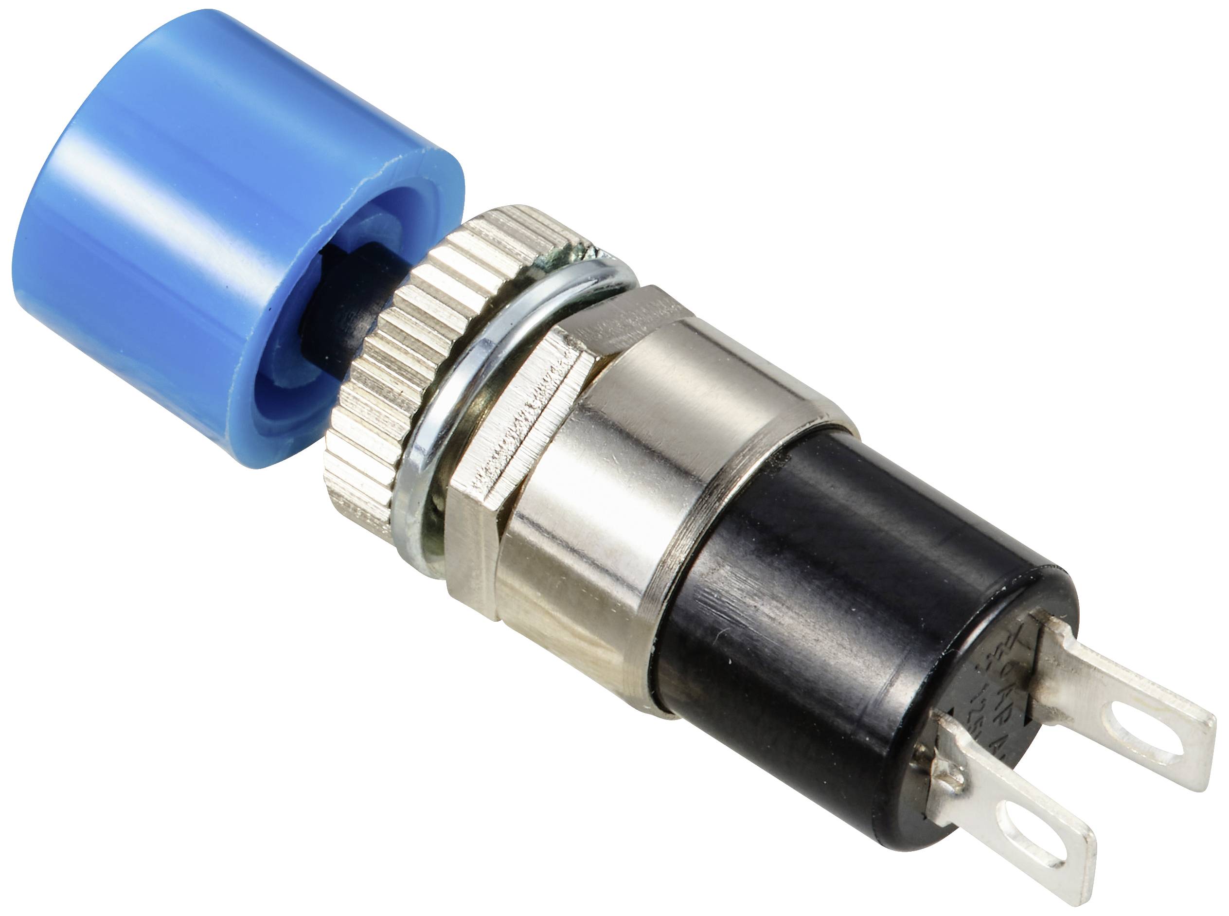 Een blauwe druktoetsschakelaar met metalen behuizing en drie aansluitklemmen. Geschikt voor elektronische toepassingen.