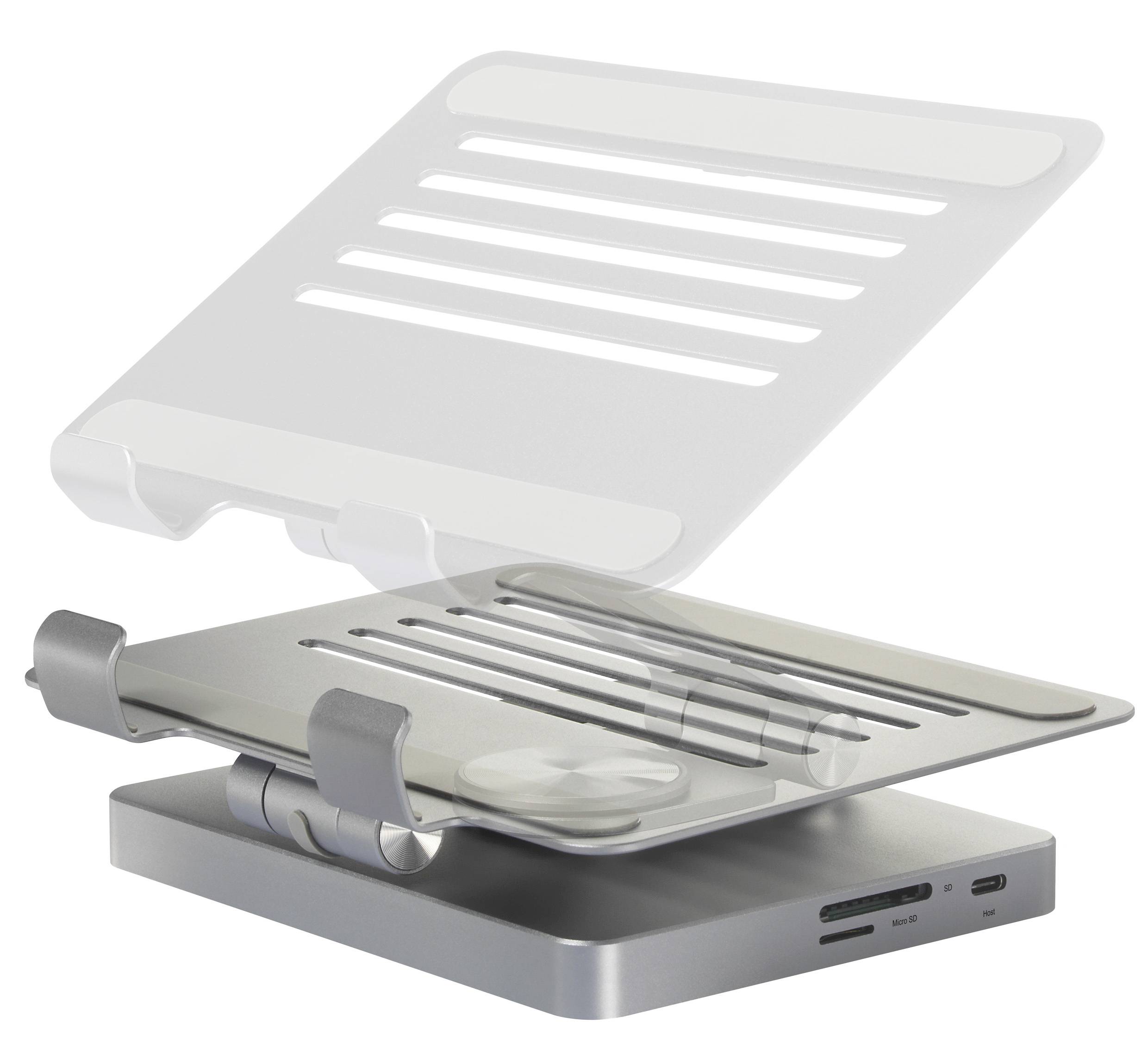 Een zilverkleurige laptopstandaard met verstelbare houder en ventilatiesleuven, compatibel met verschillende apparaten.