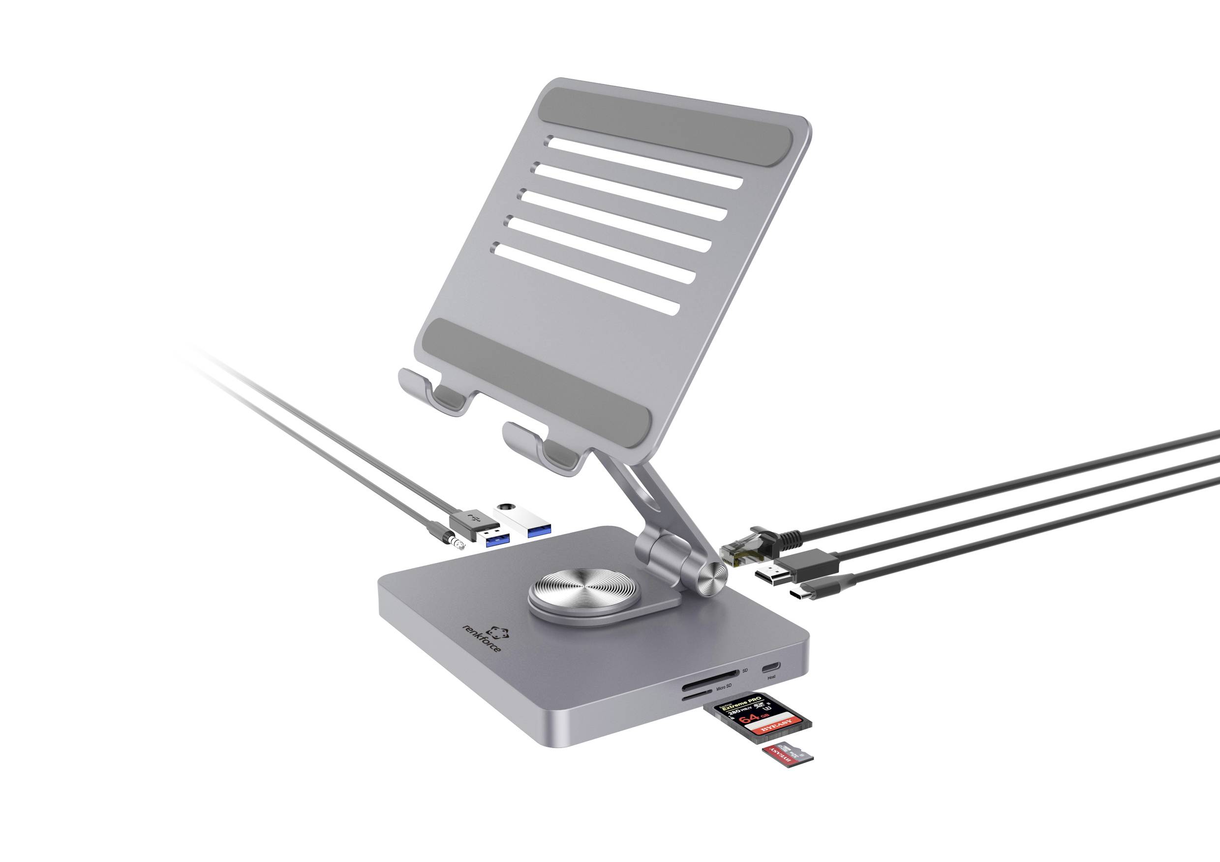 Een zilveren, verstelbare laptopstandaard met geïntegreerde USB-poorten en een SD-kaartlezer. Meerdere kabels zijn aangesloten.