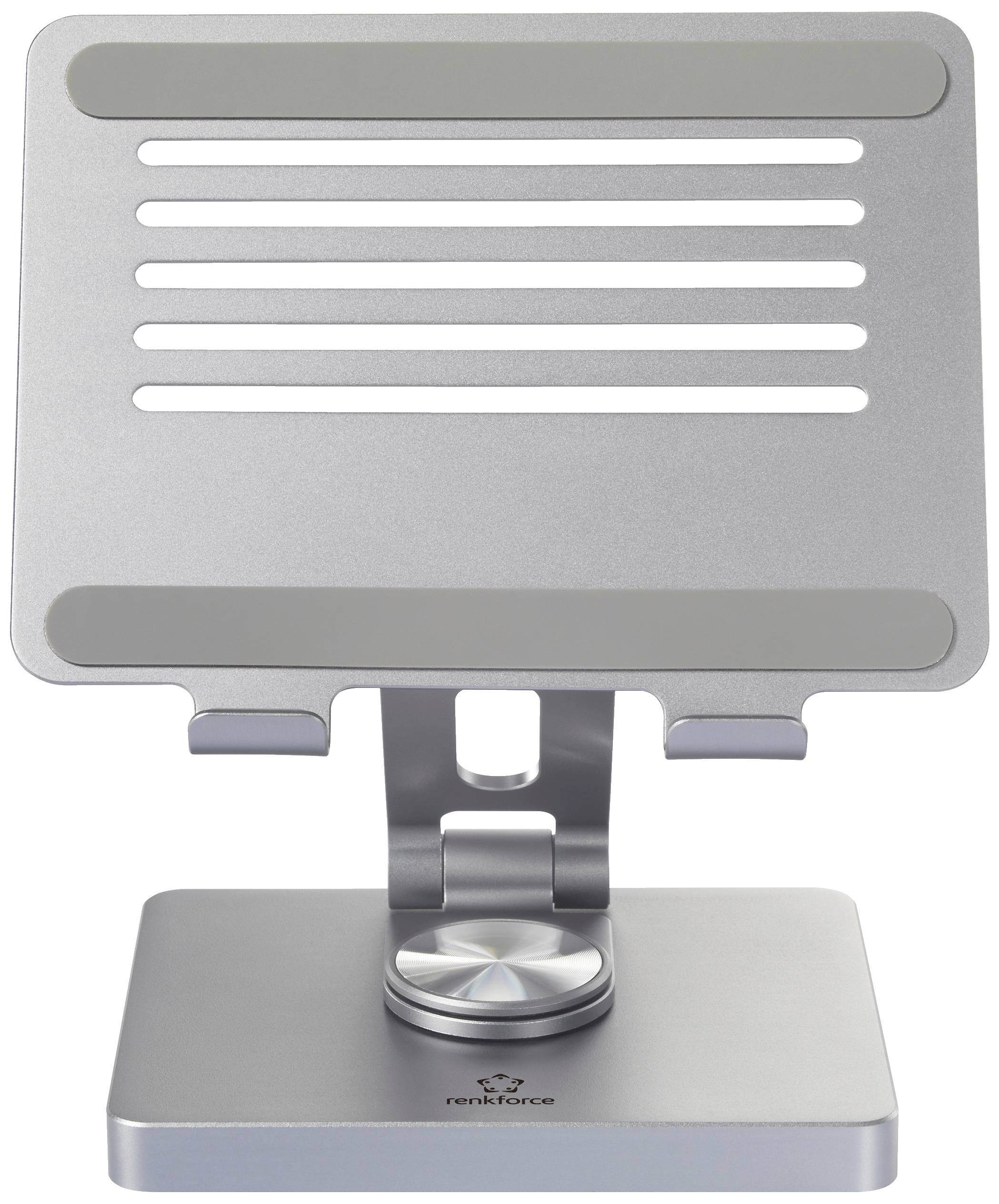 Zilveren laptopstandaard met verstelbare hellingshoek. Ventilatiesleuven in de steun en een stabiele basis voor betere koeling.