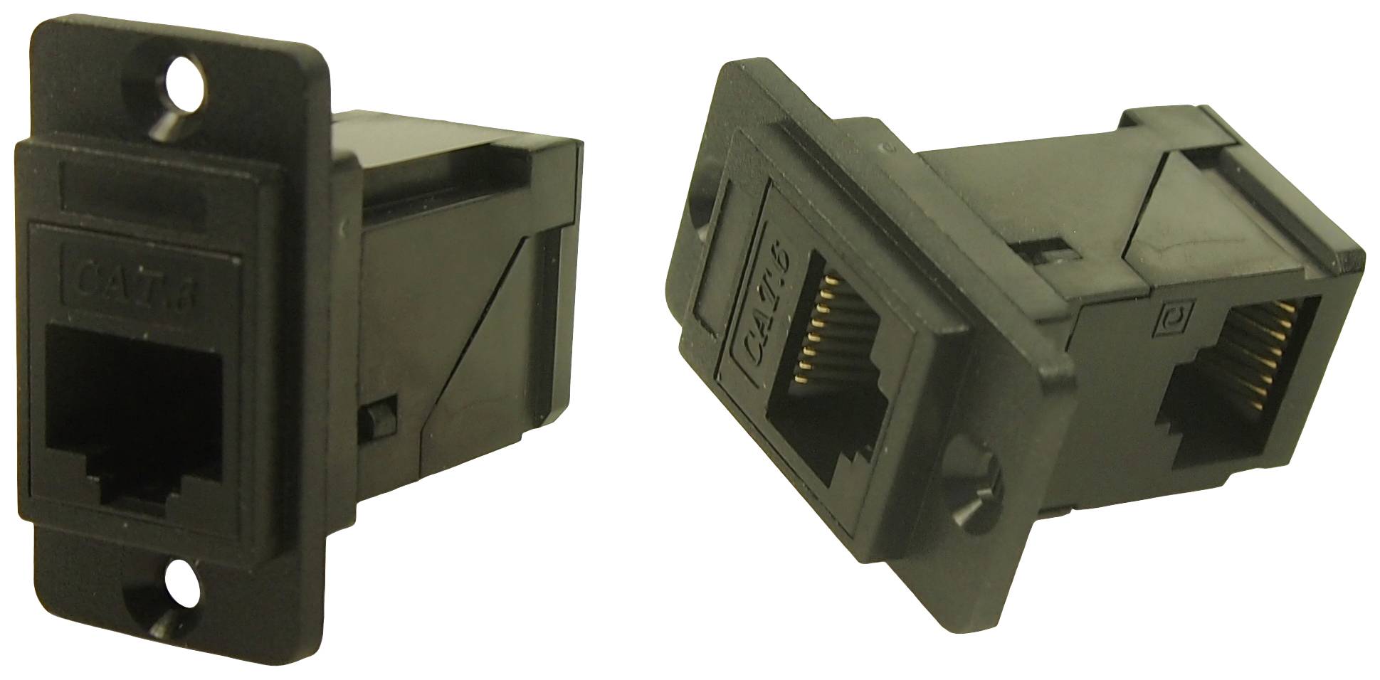 Twee zwarte RJ45-aansluitingen voor netwerkkabelaansluiting, één liggend, de andere rechtop, beide met zichtbare metalen contactpunten.