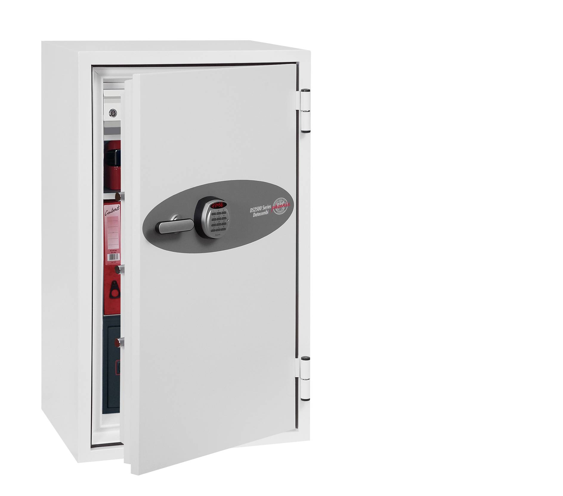 Een geopende kluis met elektronisch codeslot, waarvan de binnenkant zichtbaar is met planken en vakken voor documenten of waardevolle voorwerpen.