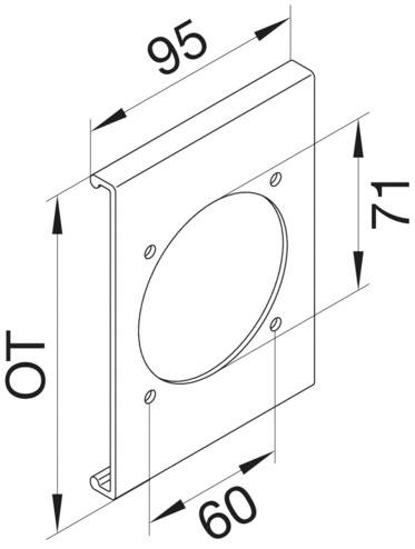 Technische tekening van een rechthoekig metalen profiel met een gat in het midden. Afmetingen: 95 mm breedte, 71 mm hoogte, 60 mm diepte.
