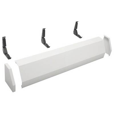 Een wit ventilatieonderdeel met twee zijdelingse afdekplaten en drie zwarte bevestigingen.