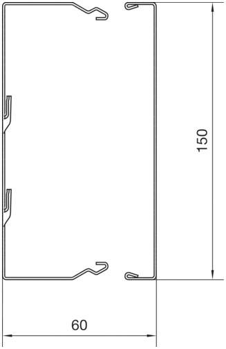 Doorsnede van een metalen profielstructuur met de afmetingen: breedte 60 mm, hoogte 150 mm.
