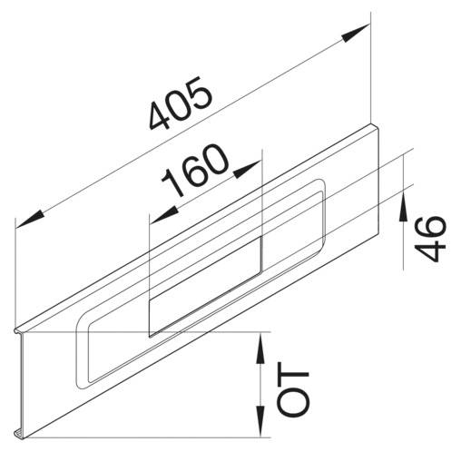Technische tekening van een rechthoekig onderdeel met afmetingen: lengte 405 mm, breedte 46 mm, met een centrale rechthoekige uitsparing van 160 mm.