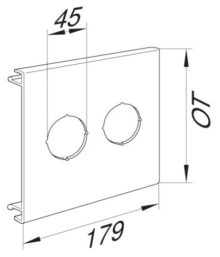 Technische tekening van een afdekking met twee ronde uitsparingen. De breedte bedraagt 179 mm en de diepte 45 mm.