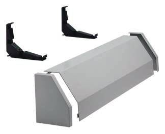 Grijze metalen klep met twee zwarte montagebeugels. De klep heeft een trapeziumvormige structuur.