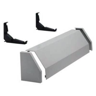 Grijze metalen klep met twee zwarte montagebeugels. De klep heeft een trapeziumvormige structuur.