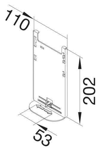 Diagram van een rechthoekig apparaat met afmetingen 110 mm x 202 mm x 53 mm, zijaanzicht, gemonteerd op een ronde voet.