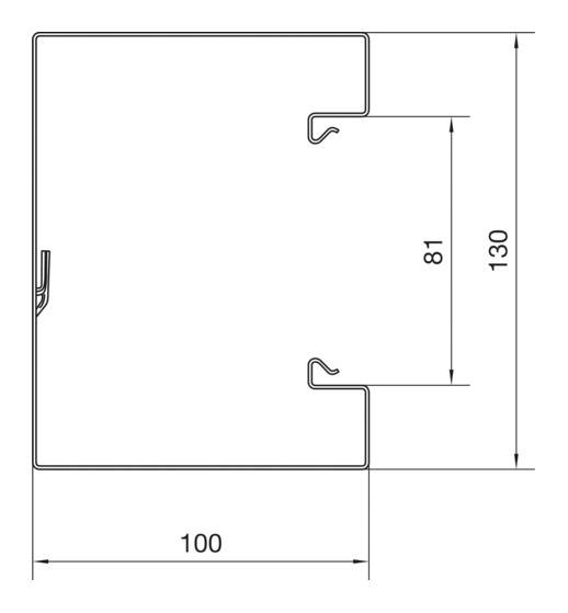 Schematische technische tekening van een rechthoekig profiel met afmetingen van 130 mm hoogte, 100 mm breedte en een tussenplateau op 81 mm.