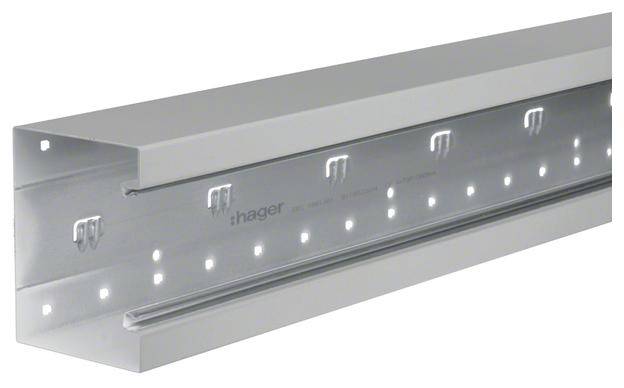 Zilveren Hager-montagespoor met clips, voor de bevestiging van elektronische componenten in schakelkasten.