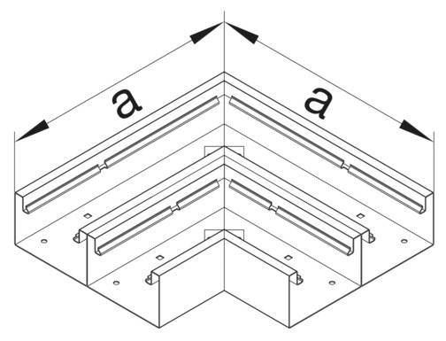 Isometrische tekening van een drietraps hoekprofielverbinder met maataanduiding 'a'. Pijlen geven de richting van de trapsgewijze overgangen aan.