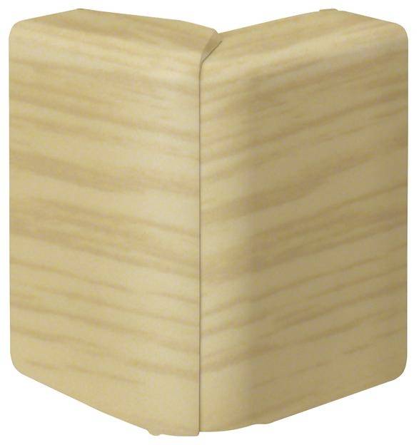 Een houten hoekafdekstuk met een lichte houtnerf, geschikt voor het verbinden van twee plinten in een binnenhoek.