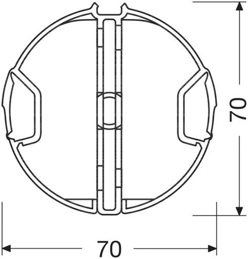 Technische tekening van een cirkelsegment met afmetingen. Diameter en hoogte bedragen elk 70 eenheden.