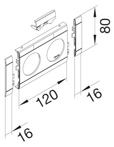 Ontploffingstekening van een rechthoekige wandcontactdoos met twee openingen. Afmetingen: breedte 120 mm, hoogte 80 mm, diepte 16 mm.