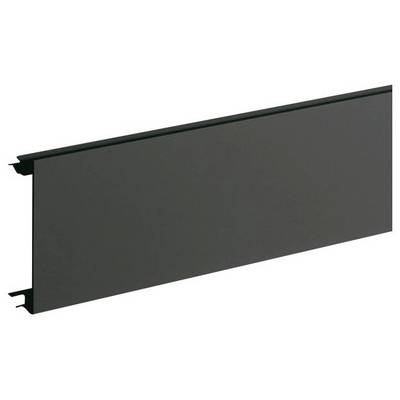 Metalen plaat in rechthoekige vorm, zwart, glad, met twee geknikte hoeken aan de linkerkant, waarschijnlijk onderdeel of afdekking.
