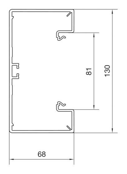 Technische tekening van een profiel met afmetingen 130 mm x 68 mm. Inwendige hoogte 81 mm. Toont specifieke randen en inkepingen.