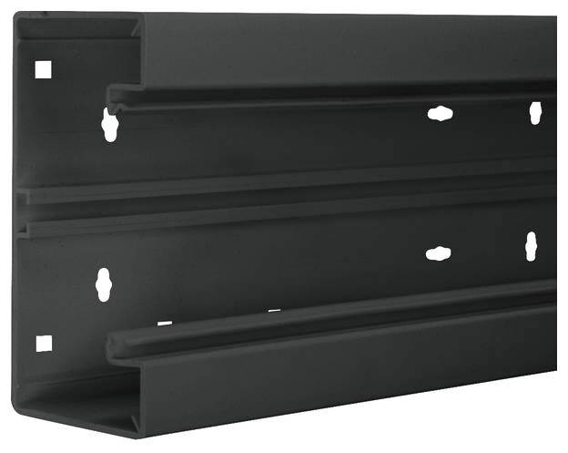 Zwart metalen profiel met meerdere sleuven en gaten voor montage aan de muur of het plafond.