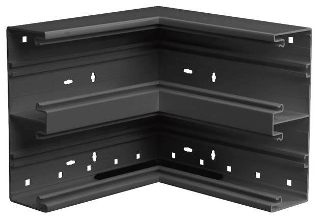 Een zwart L-vormig metalen wandmontageprofielen met meerdere sleuven en gaten voor bevestiging.