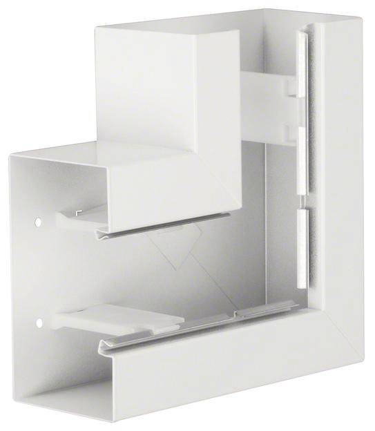 Een witte, rechthoekige kunststof hoek in 3D-weergave, waarschijnlijk bedoeld voor kabelgeleiding of als kabelinvoer.