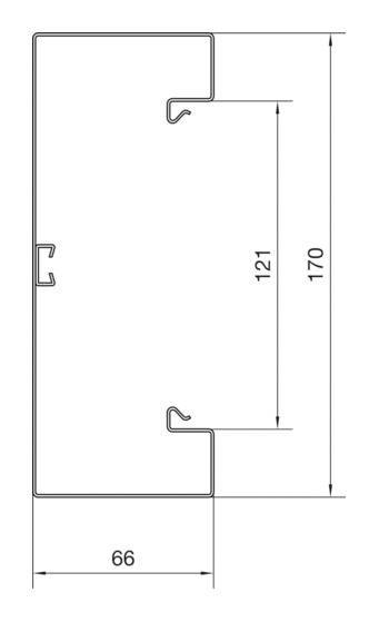 Technische tekening van een rechthoekig profiel met afmetingen: 170 mm hoog, 66 mm breed, binnenafmeting 121 mm.