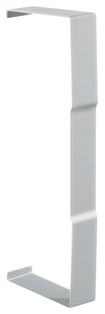Een zilverkleurige, hoekige deur- of meubelgreep van metaal met een modern, minimalistisch design.
