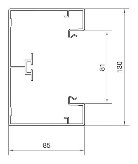 Een technische tekendiagram toont een profiel met een breedte van 85 mm en een hoogte van 130 mm, binnenafmeting 81 mm.