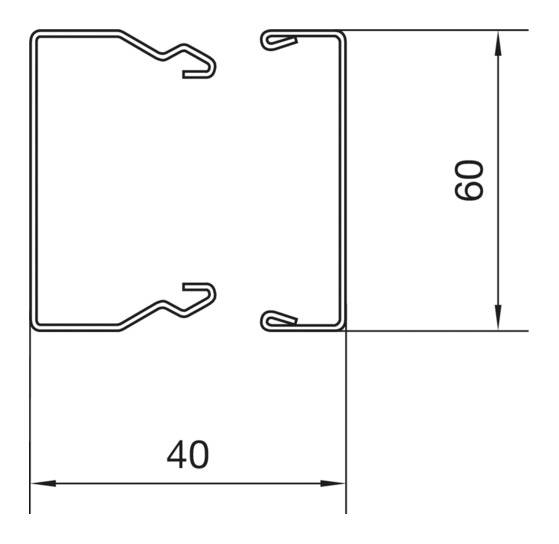 Technische tekening van een profielcoupe met twee haken. Afmetingen: breedte 40 mm, hoogte 60 mm. Toont de vorm en afmetingen van het profiel.