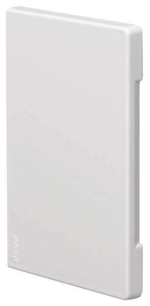 Witte kunststof afdekking met afgeronde hoeken, zichtbaar vanaf de zijkant. Fabrikantsnaam subtiel linksonder op het oppervlak.