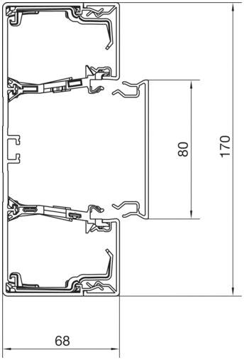 Doorsnede van een aluminium profielsysteem met afmetingen van 80 mm x 170 mm x 68 mm. Bestemd voor bevestiging of verbinding.