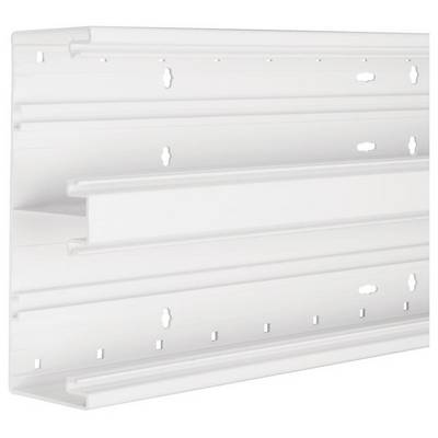 Witte kunststof wandhouder met meerdere horizontale sleuven en gaten voor flexibele bevestiging bij rek- of displaysystemen.