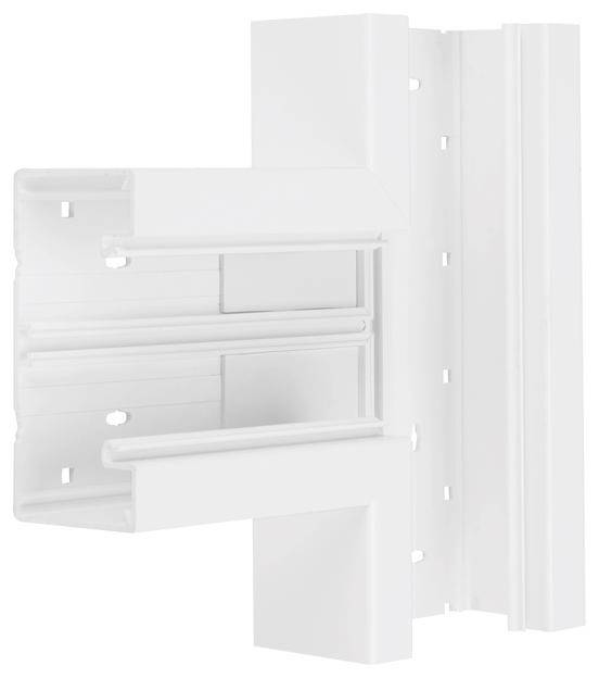 Een witte kunststof hoekverbinding voor raamkozijnen, geschikt voor stabiele en duurzame constructies.