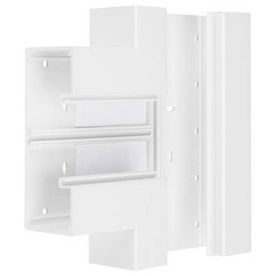 Een witte kunststof adapter voor wandmontage. Hij heeft meerdere aansluitingen en bevestigingspunten voor het ophangen van voorwerpen.