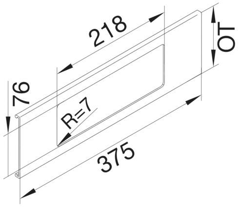 Technische tekening van een profiel met afmetingen: breedte 375, hoogte 76, lengte 218, radius 7, gemarkeerd met 'OT'.