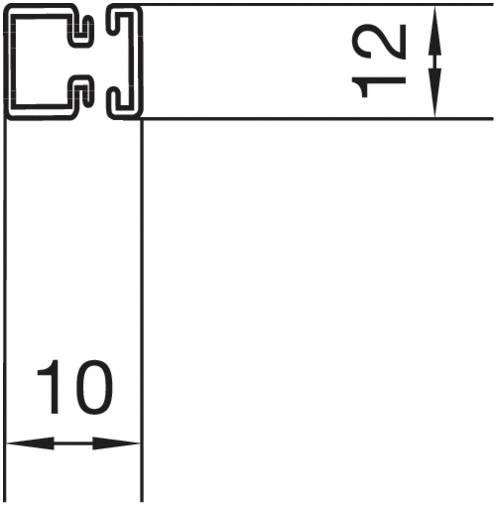 Schematische tekening van een hoek met afmetingen van 12 mm hoog en 10 mm breed, toont de vorm en doorsnede van een profiel.