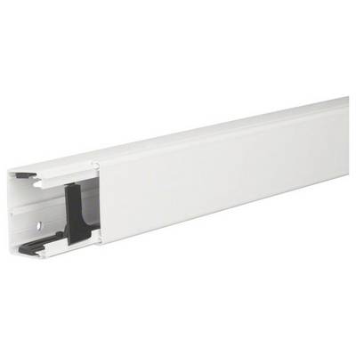 Een witte kabelgoot met een open zijde toont het interieur en de scheidingswanden voor kabelorganisatie.