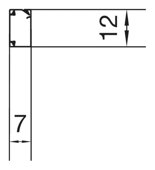 Technische tekening toont een rechte hoek met twee labels: '7' voor de horizontale lijn en '12' voor de verticale lijn.