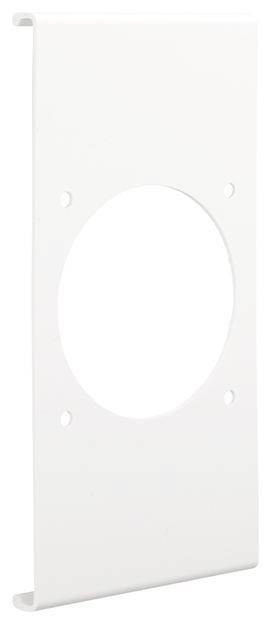 Een witte rechthoekige metalen plaat met een groot, centraal gat en vier kleinere gaten in de hoeken voor montage.